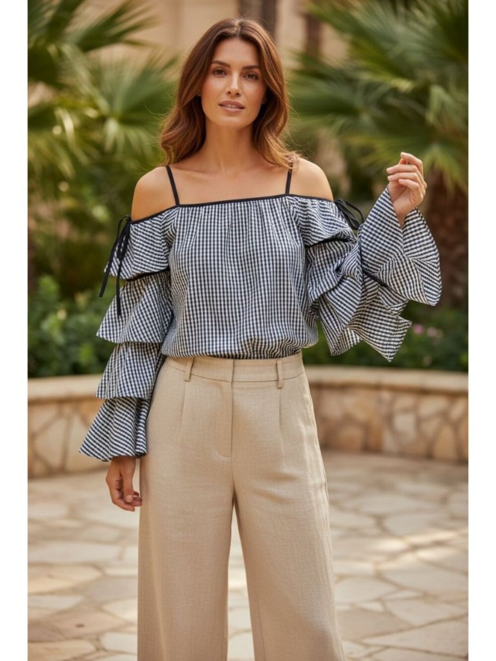 Free Generation Blue White Off-Shoulder Ruffled Blouse Size M Summer Fancy NEW